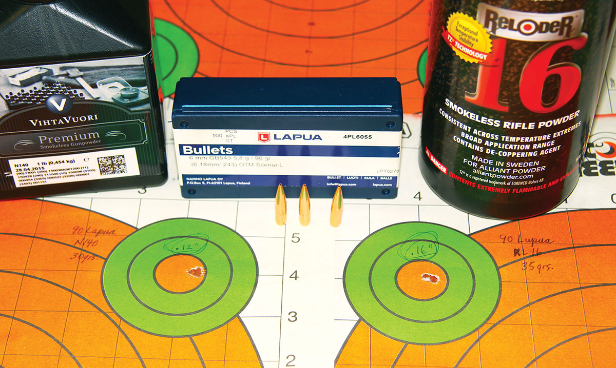 The best two groups assembled with Lapua’s 90-grain Scenar-L included a .12-inch group at 2,723 fps using 30 grains of Vihtavuori N140, and .16-inch group at 2,972 fps using 35 grains of Alliant Reloder 16.